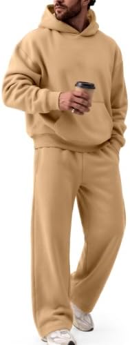 Mens 2 Piece Hoodie Track Suits Wide Leg Sweatpants Camel