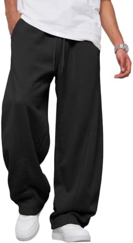 Mens Wide Leg Sweatpants Fleece Lined Baggy Pants Black