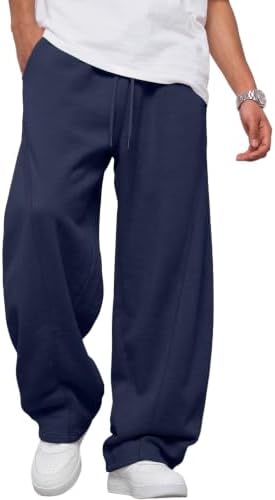 Mens Wide Leg Sweatpants Fleece Lined Baggy Pants NavyBlue