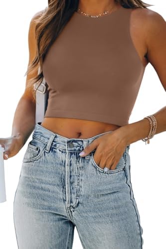 Women's Double Lined Racerback Crop Tank Top Brown