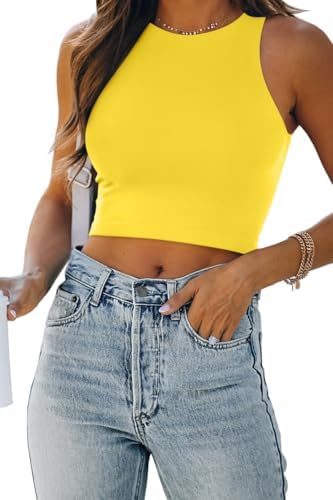 Women's Double Lined Racerback Crop Tank Top Yellow