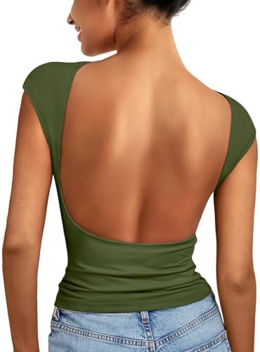 Womens Backless Tops Open Back Shirt ArmyGreen