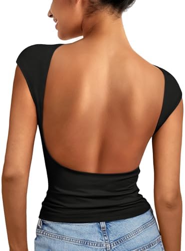 Womens Backless Tops Open Back Shirt Black