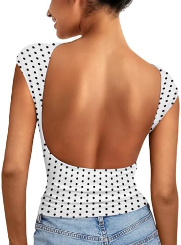 Womens Backless Tops Open Back Shirt Polka Dot White