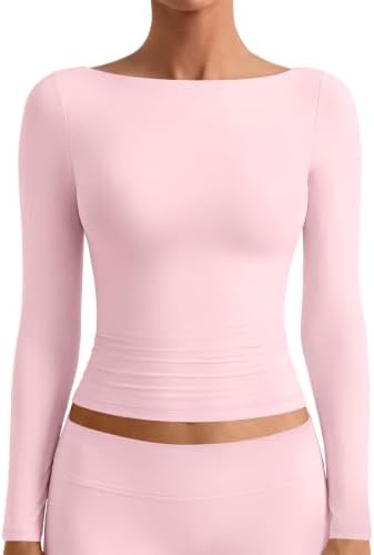 Womens Boat Neck Tops Long Sleeve Shirts Fall Fitted Tees Pink