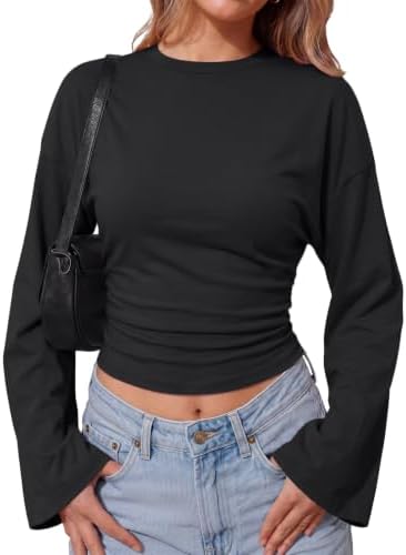 Womens Fall Long Bell Sleeve T Shirt Going Out Crop Tops...