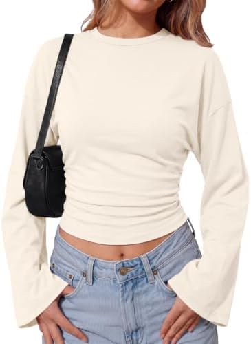 Womens Fall Long Bell Sleeve T Shirt Going Out Crop Tops...
