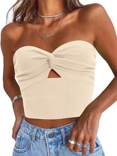 Womens Strapless Crop Tube Top Ribbed Knit Y2K Tank Tops Beige