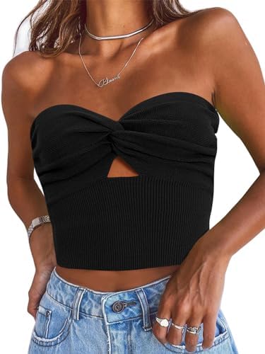 Womens Strapless Crop Tube Top Ribbed Knit Y2K Tank Tops Black