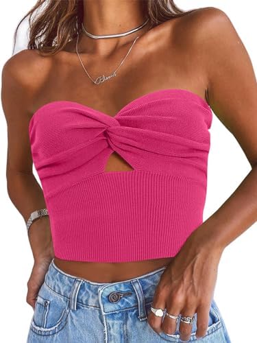Womens Strapless Crop Tube Top Ribbed Knit Y2K Tank Tops...