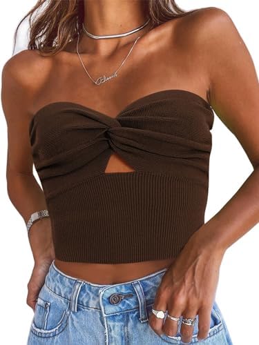 Womens Strapless Crop Tube Top Ribbed Knit Y2K Tank Tops Brown