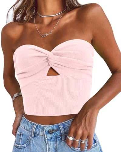 Womens Strapless Crop Tube Top Ribbed Knit Y2K Tank Tops...