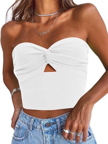 Womens Strapless Crop Tube Top Ribbed Knit Y2K Tank Tops White